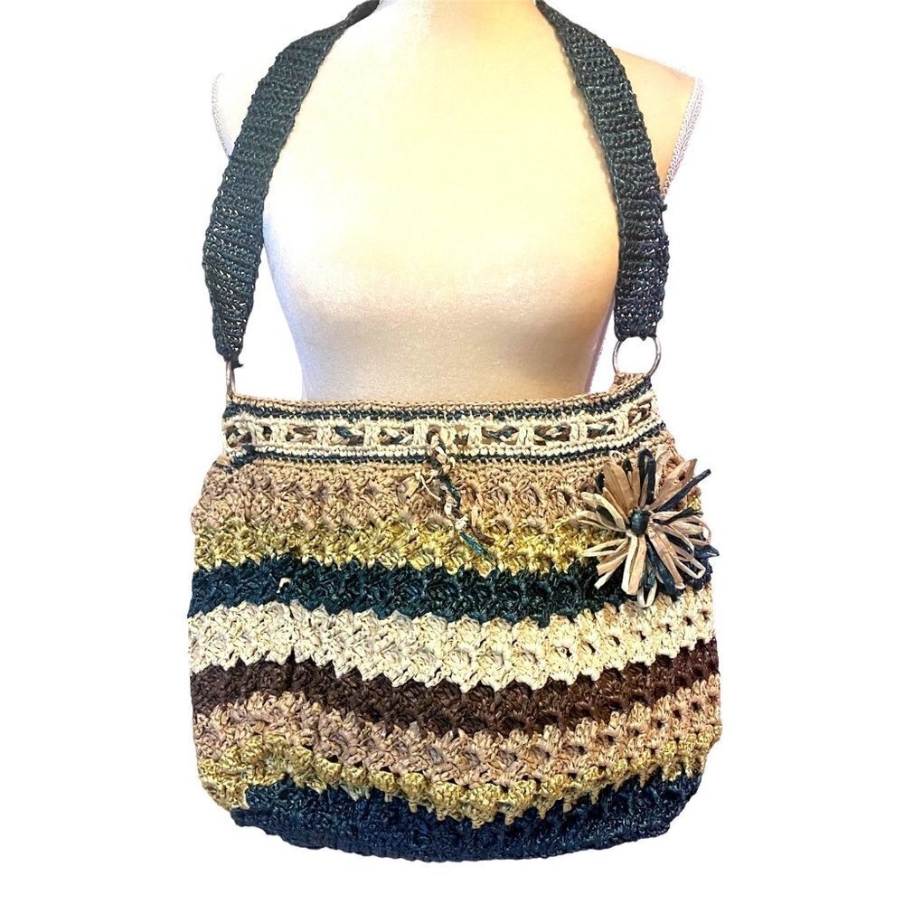 Woven Straw Summer Canvas Crossbody Boho Hippie Tote Bag, Stripe